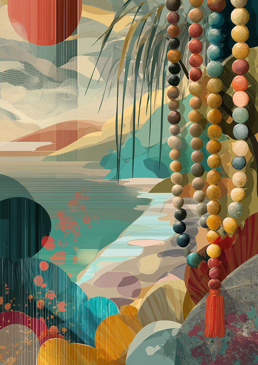 Serene Zen Art depicting a coastal view with vibrant beads hanging delicately.